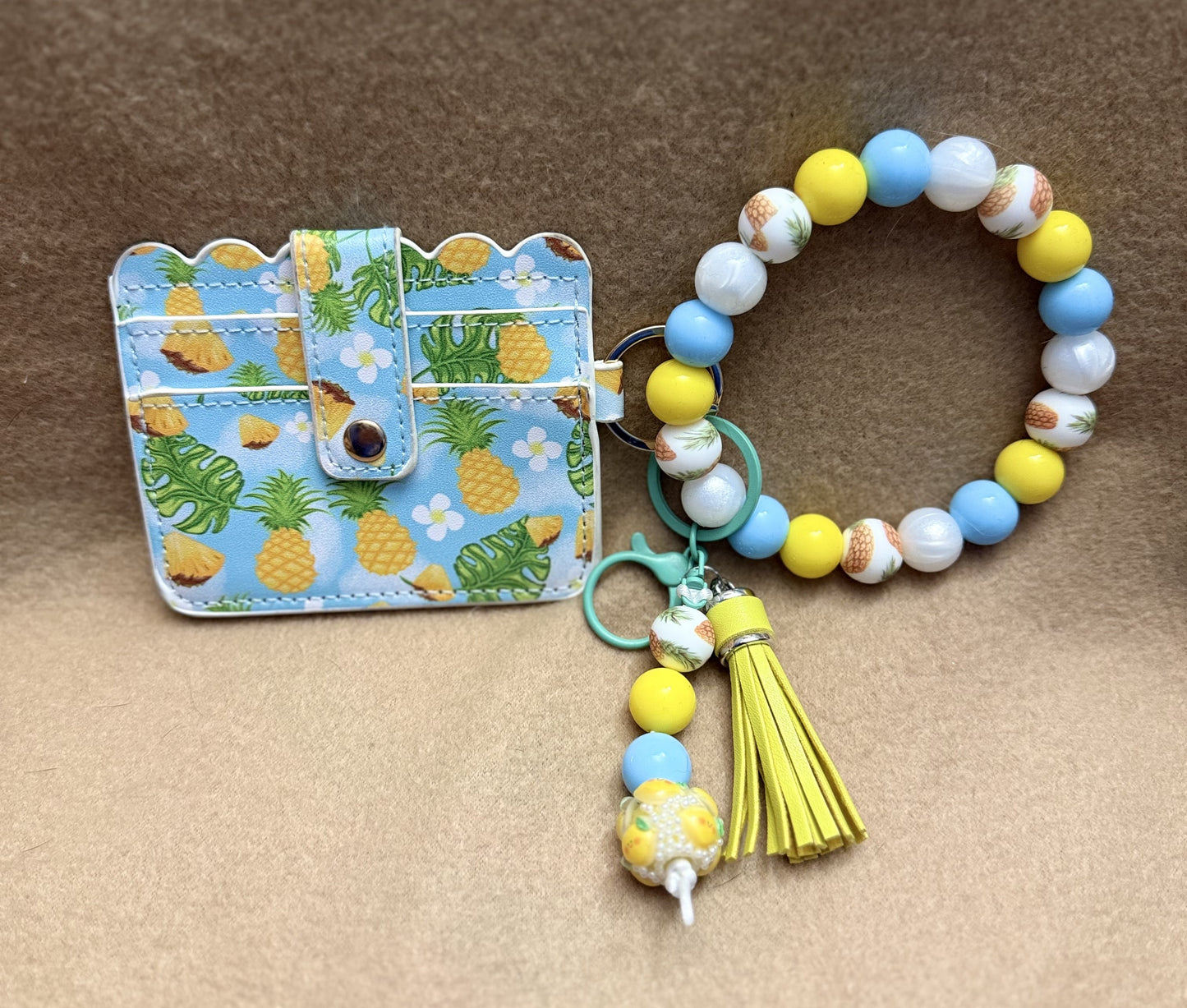Aqua Pineapples Beaded Wristlet
