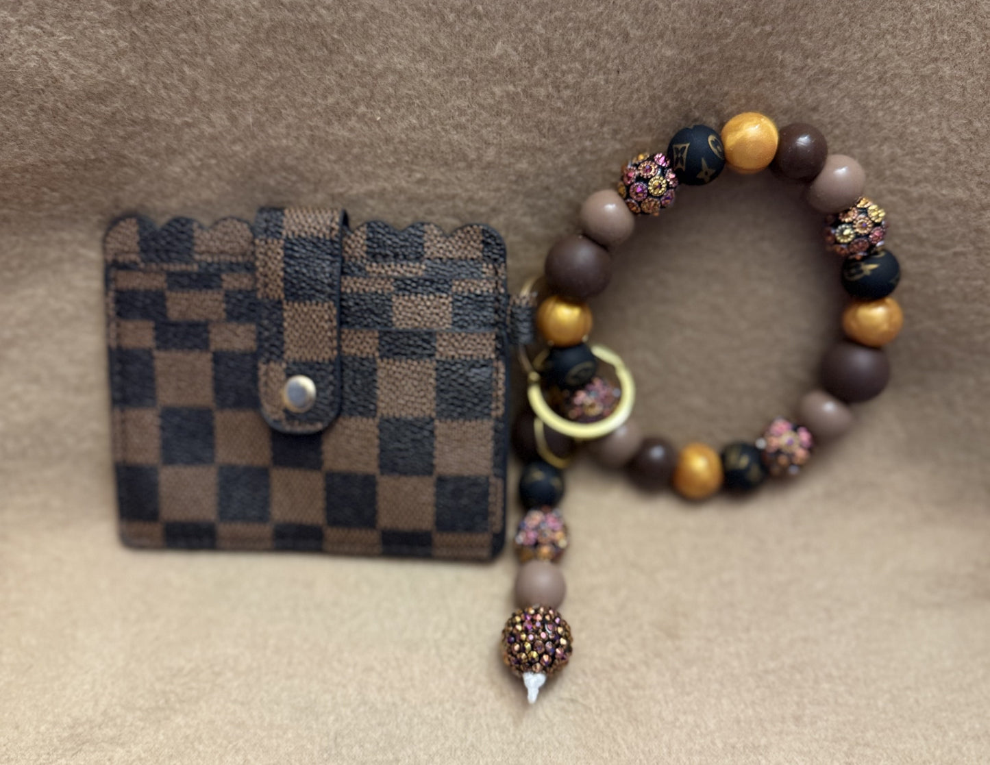 Mocha Checkered Beaded Wristlet